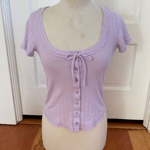 Aerie Light Purple Pointelle Knit Short Sleeve Button-Down Top XS